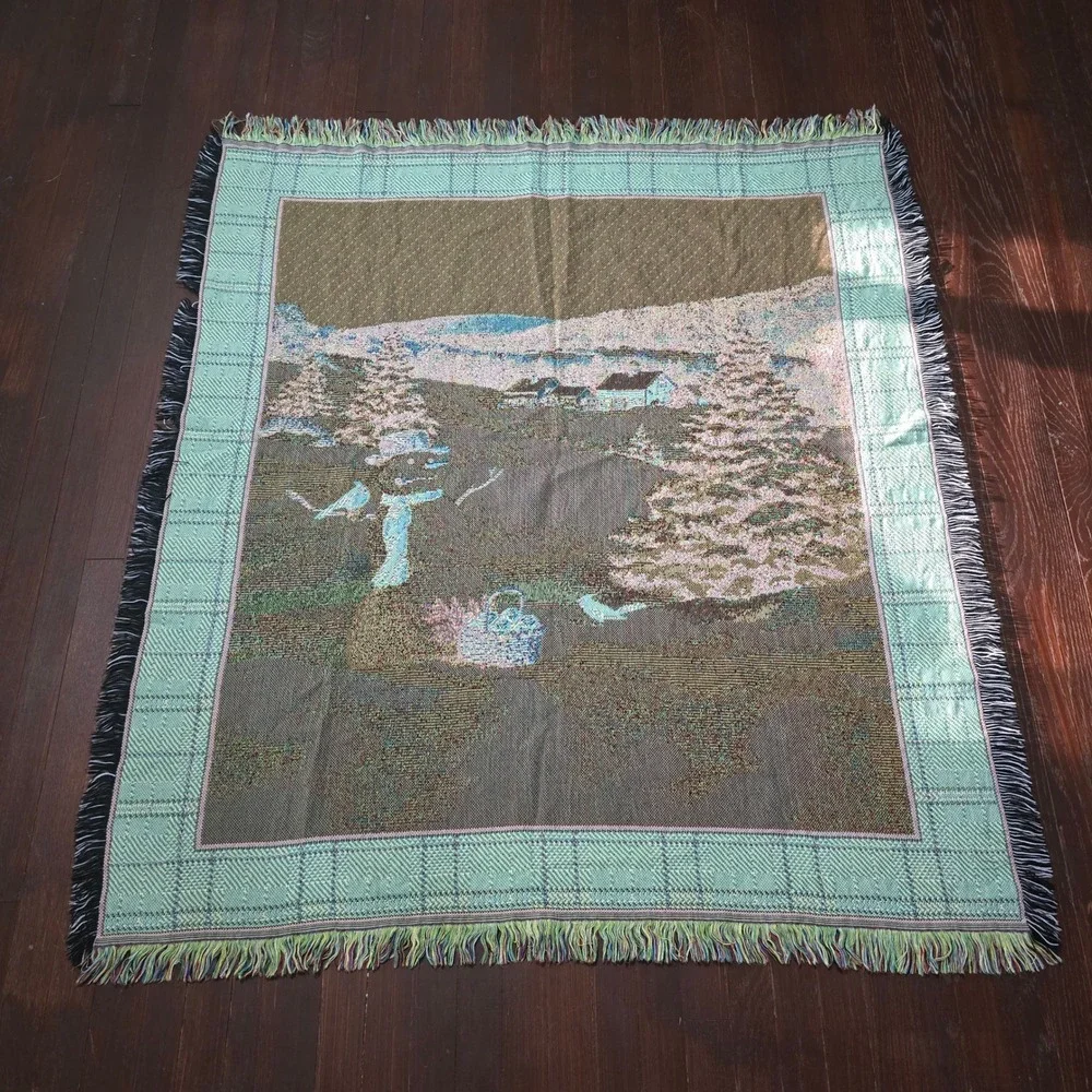 Vintage Woven Tapestry Throw Blanket Snowman Winter Scene Red Plaid Fringe 48x56